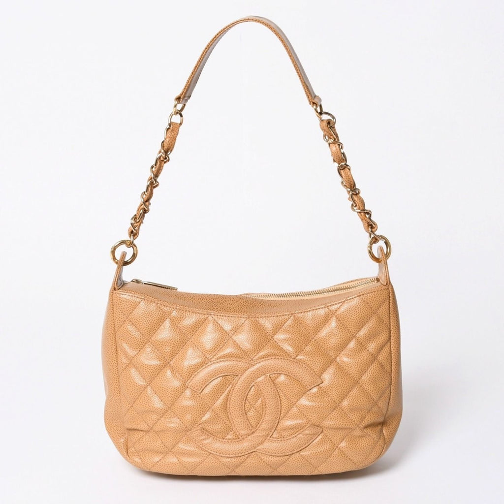 Chanel Chain Bag CC Logo Patch Caviar Leather Beige Gold