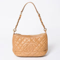 Chanel Chain Bag CC Logo Patch Caviar Leather Beige Gold