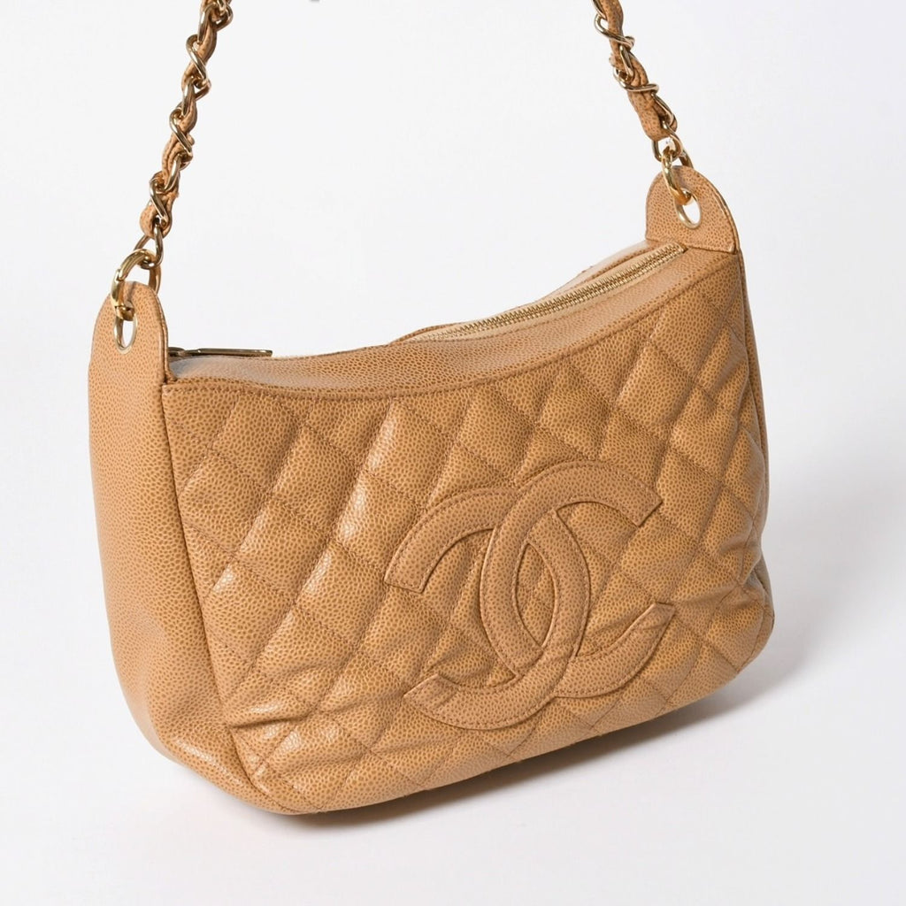 Chanel Chain Bag CC Logo Patch Caviar Leather Beige Gold — view 3