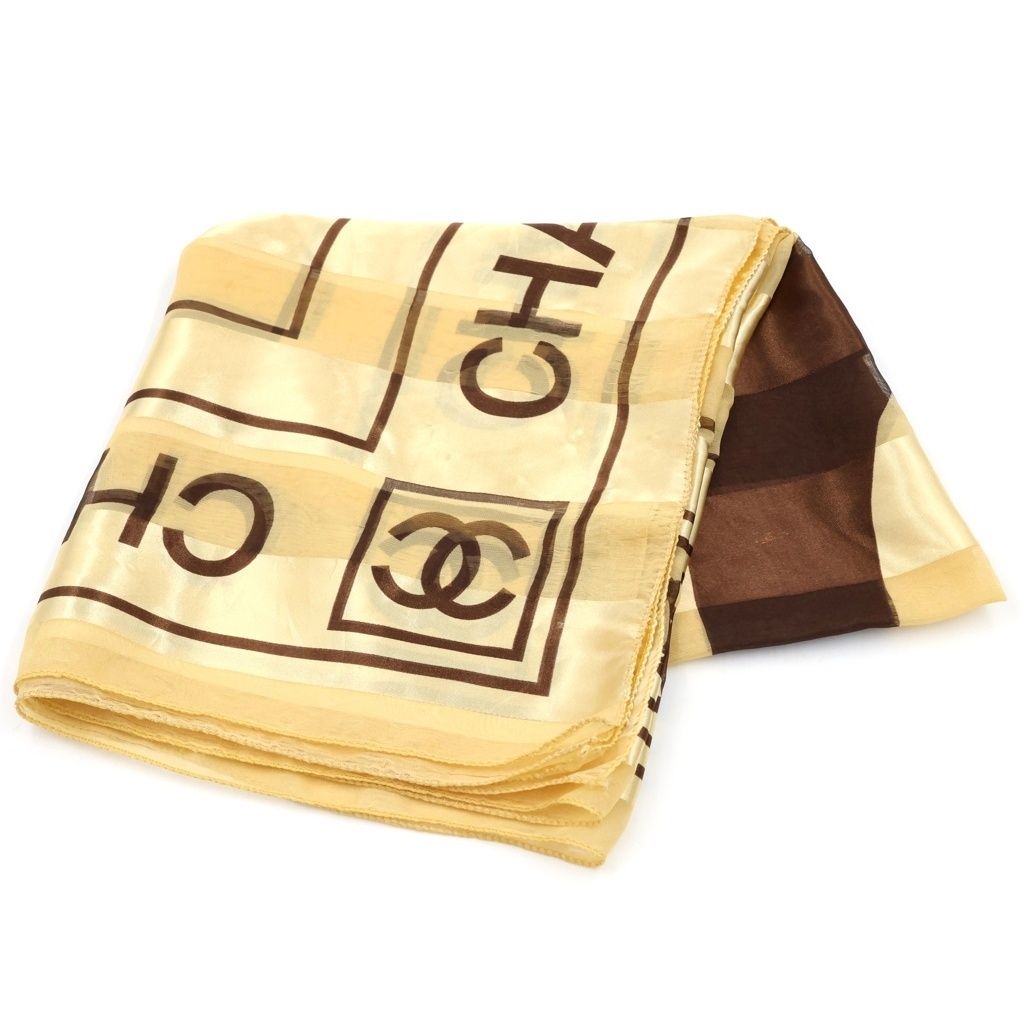 Chanel CC Logo Silk Sheer Scarf Large All Over Print Beige Brown