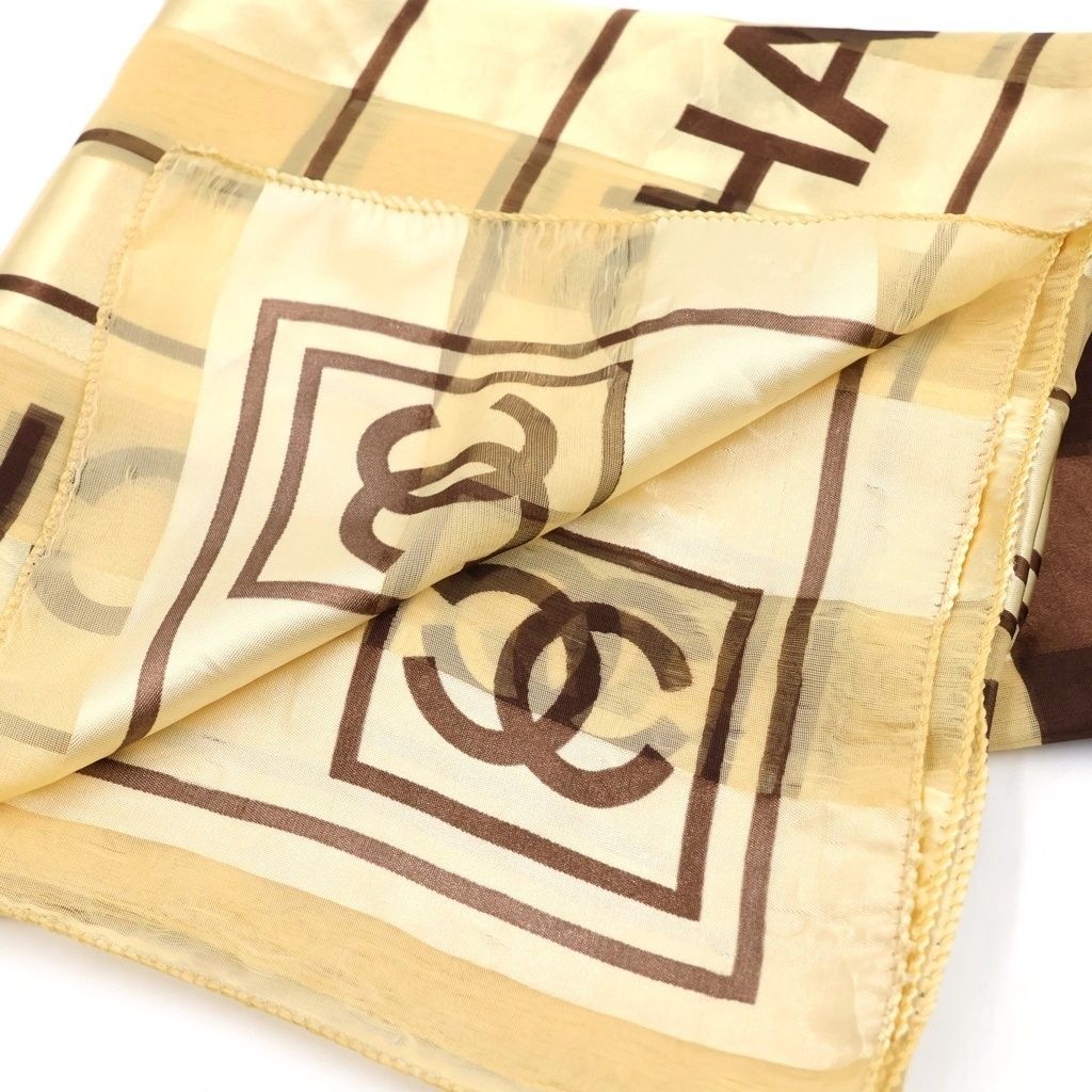 Chanel CC Logo Silk Sheer Scarf Large All Over Print Beige Brown — view 4