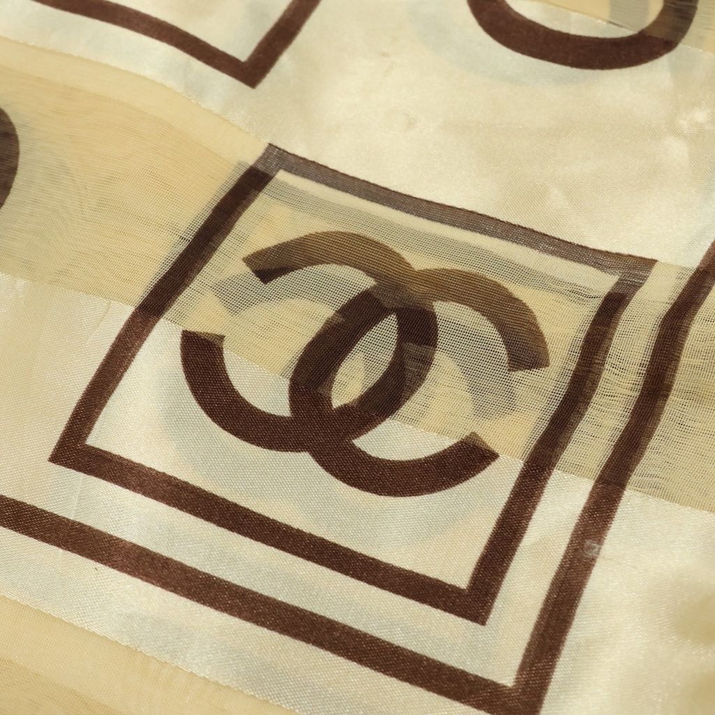 Chanel CC Logo Silk Sheer Scarf Large All Over Print Beige Brown — view 2