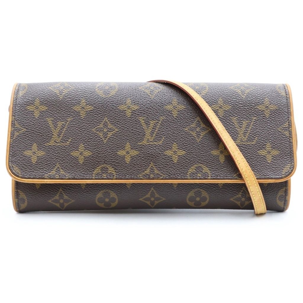 Louis Vuitton Monogram Pochette Twin GM Shoulder Bag Brown Leather Gold