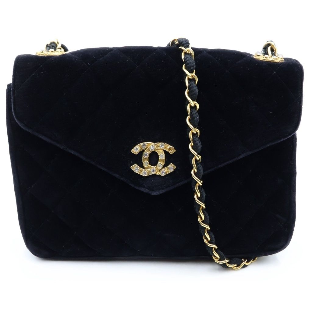 Chanel Quilted 20 S Flap S Chain Shoulder Bag Black Velour Gold