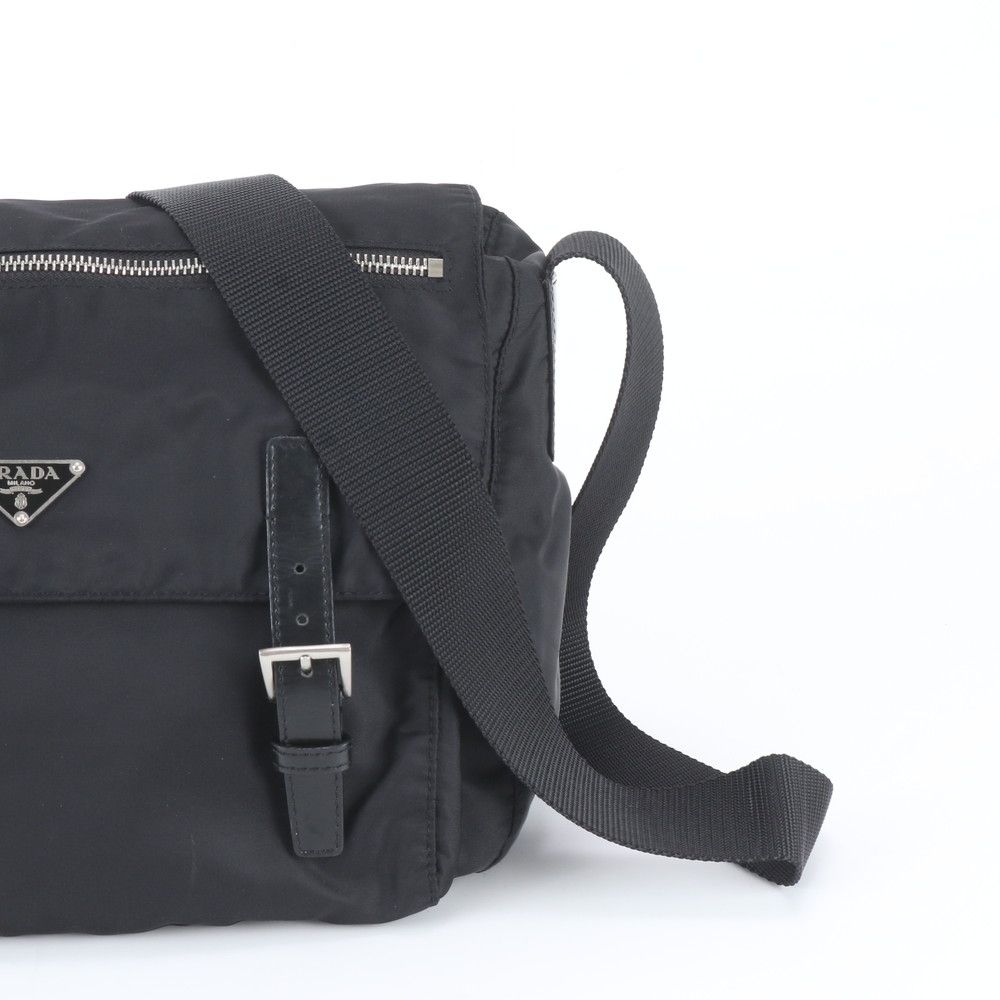 Prada Tessuto Nylon Triangle Logo Leather Shoulder Bag Crossbody Messenger Black — view 2