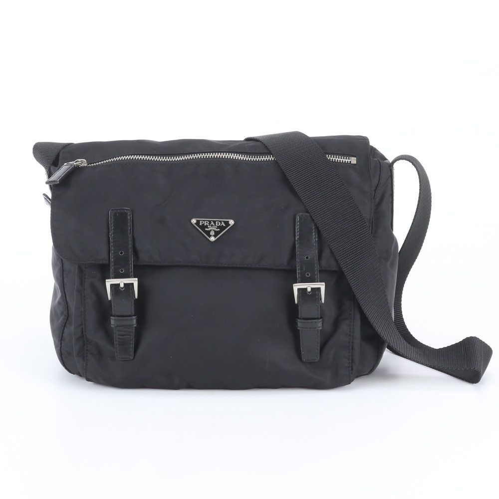 Prada Tessuto Nylon Triangle Logo Leather Shoulder Bag Crossbody Messenger Black