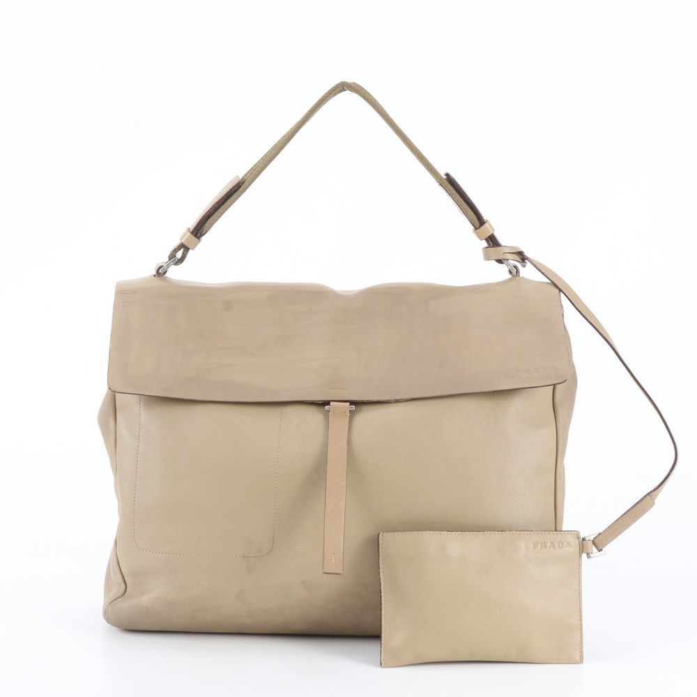 Prada Leather Handbag Mesh Beige Shoulder