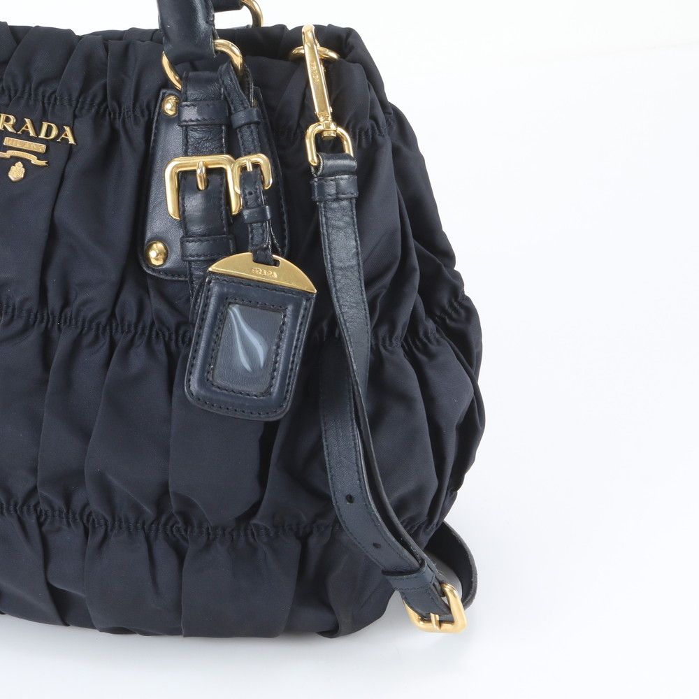 Prada Tessuto Nylon Gathered Leather 2-Way Shoulder Bag Tote Navy — view 3