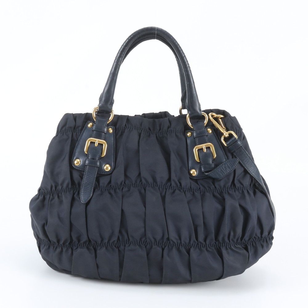 Prada Tessuto Nylon Gathered Leather 2-Way Shoulder Bag Tote Navy — view 4