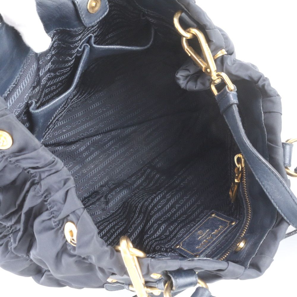 Prada Tessuto Nylon Gathered Leather 2-Way Shoulder Bag Tote Navy — view 8