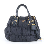 Prada Tessuto Nylon Gathered Leather 2-Way Shoulder Bag Tote Navy