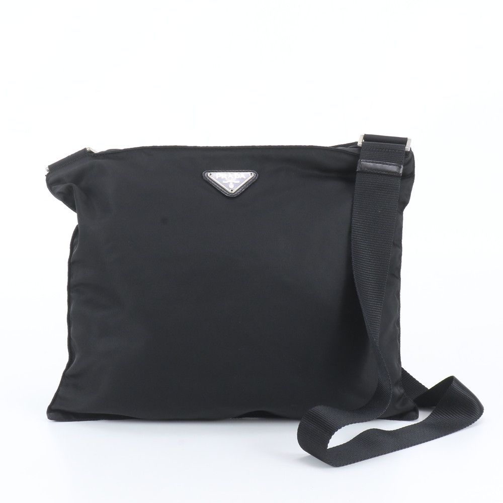 Prada Tessuto Nylon Triangle Logo Leather Shoulder Bag Crossbody Messenger Black