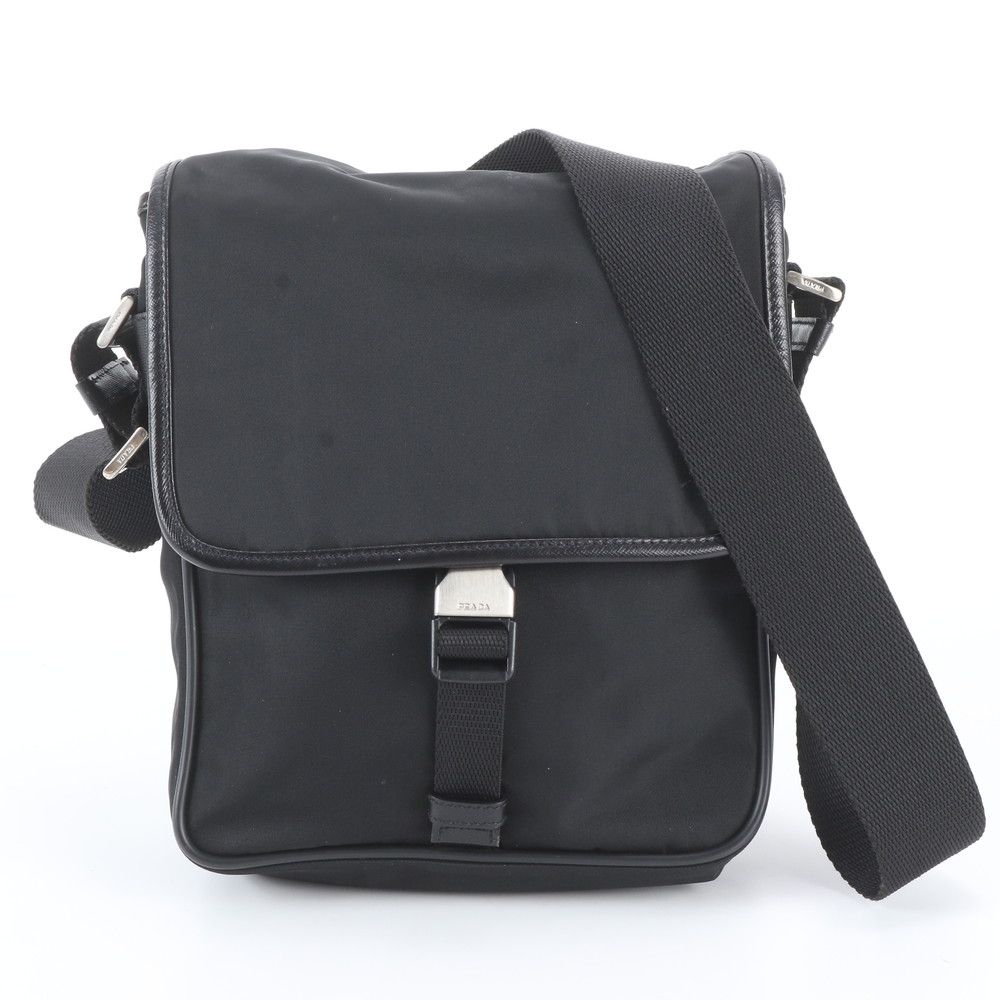 Prada Tessuto Nylon Triangle Logo Leather Shoulder Bag Crossbody Messenger Black