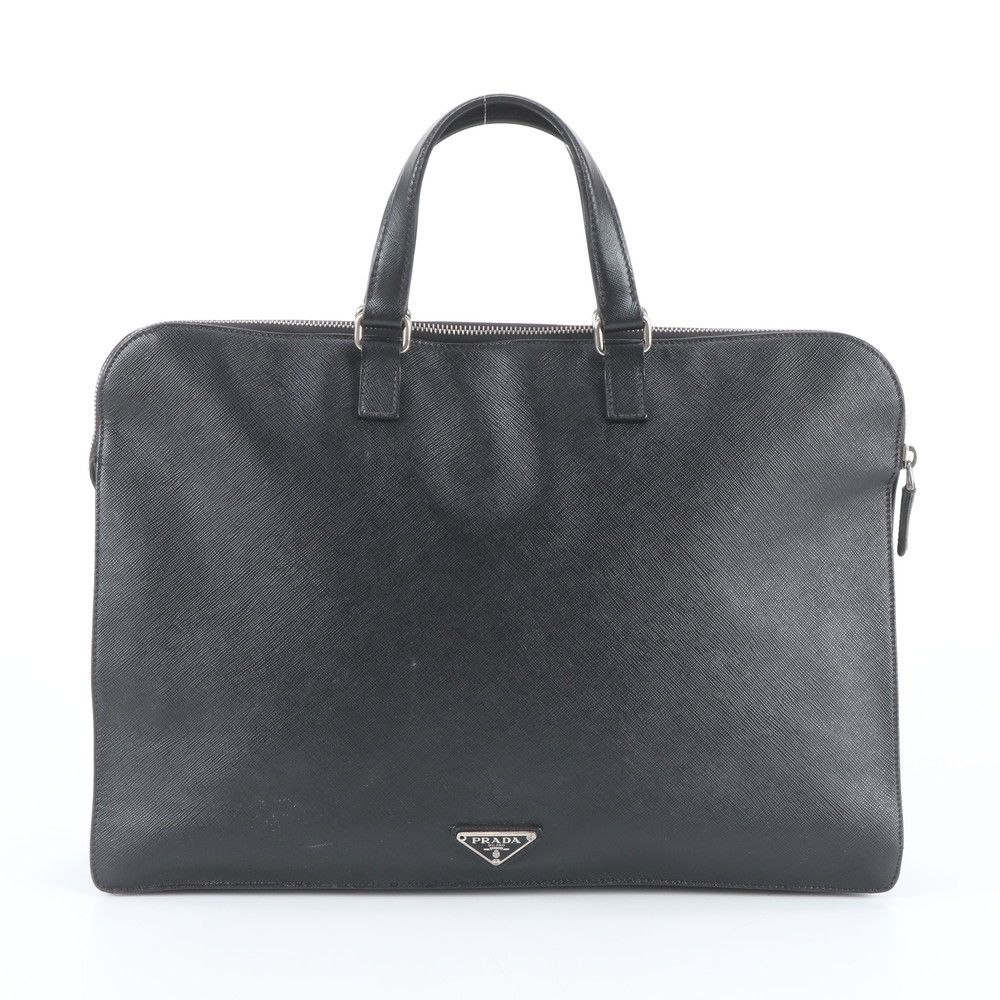 Prada Saffiano Triangle Logo Leather Business Document Tote Bag Black — view 3