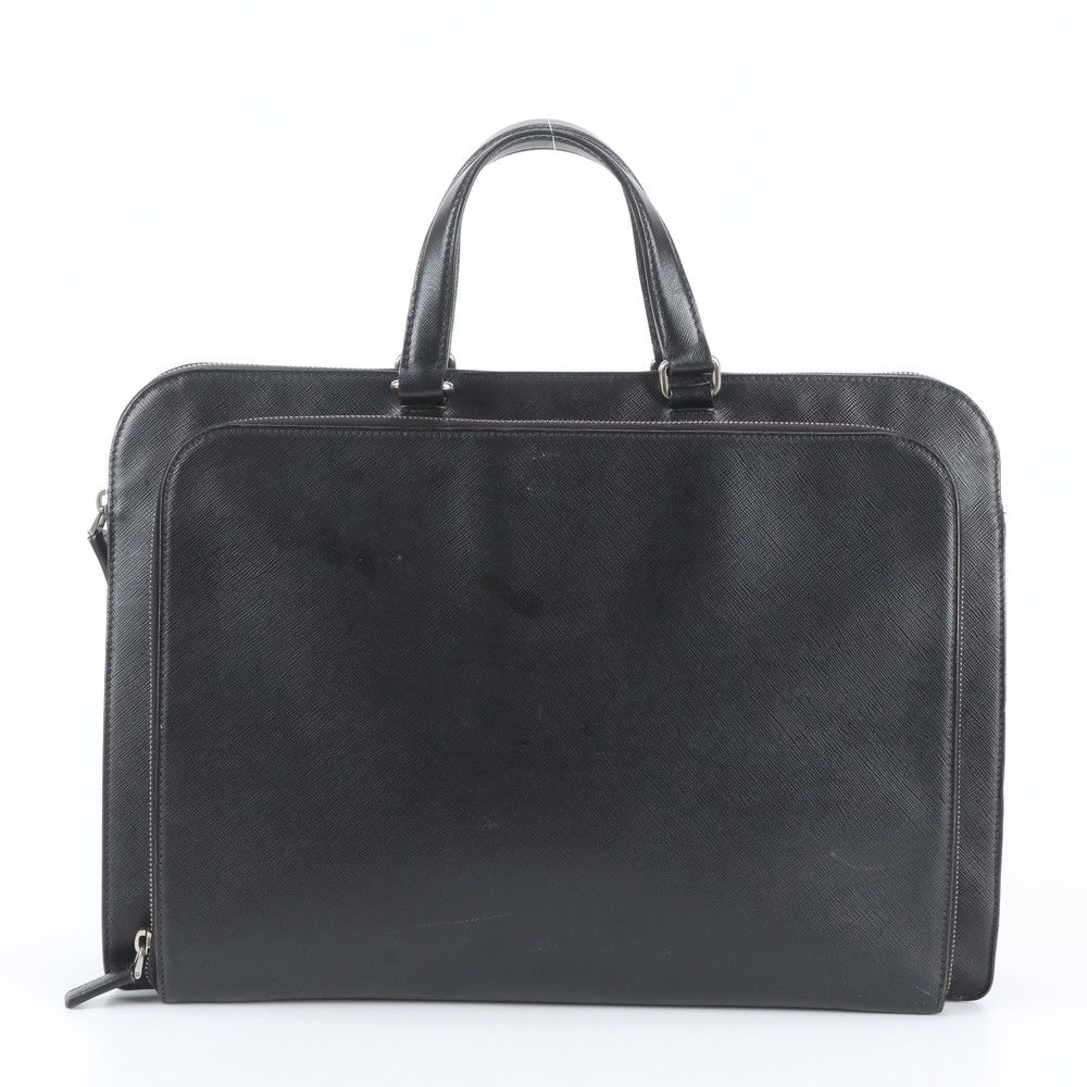 Prada Saffiano Triangle Logo Leather Business Document Tote Bag Black