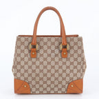 Gucci GG Canvas Studs Leather Handbag Tote Brown