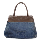 Chanel Tote Bag Denim Blue Brown Silver