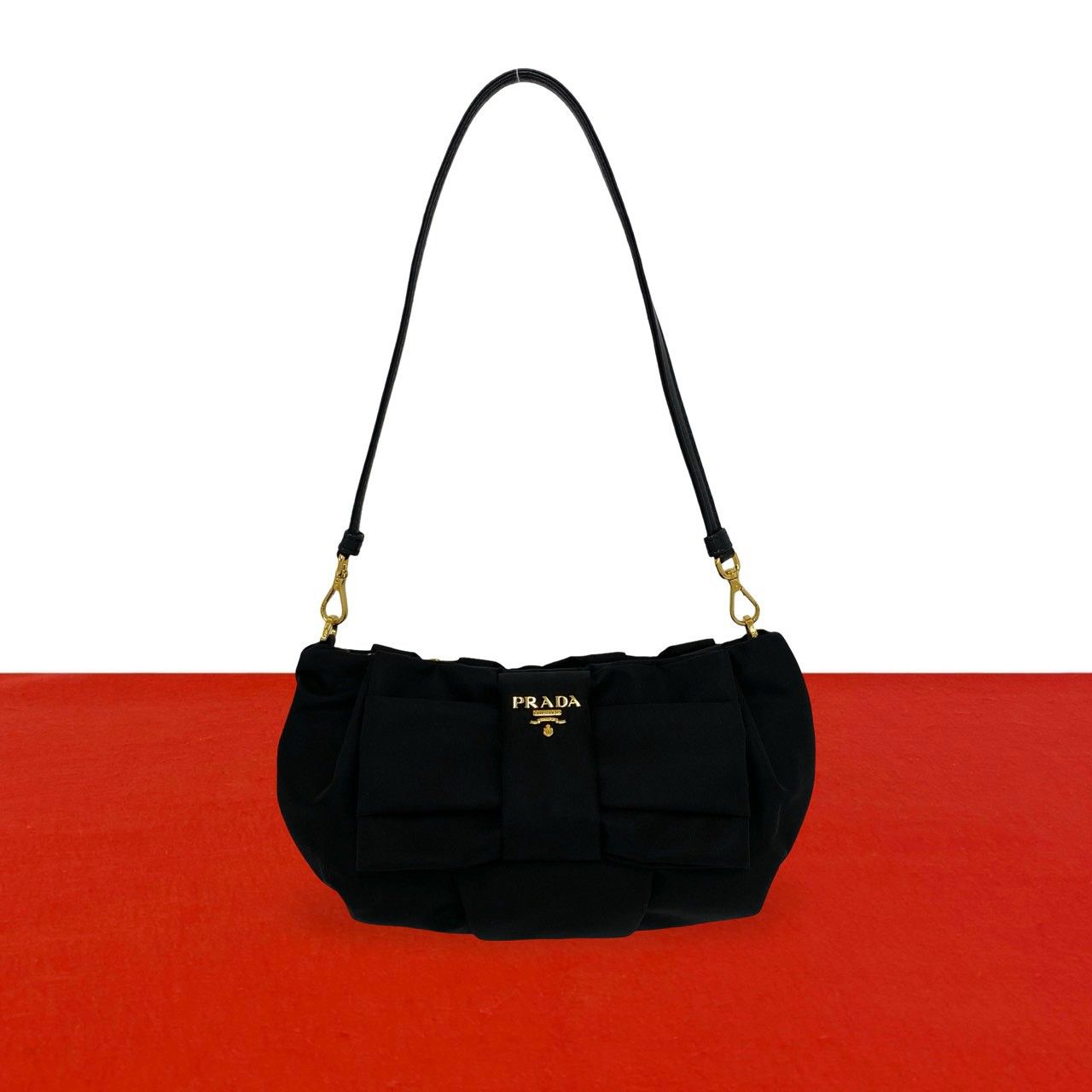 Prada Logo Ribbon Motif Nylon Leather Shoulder Bag Mini Black