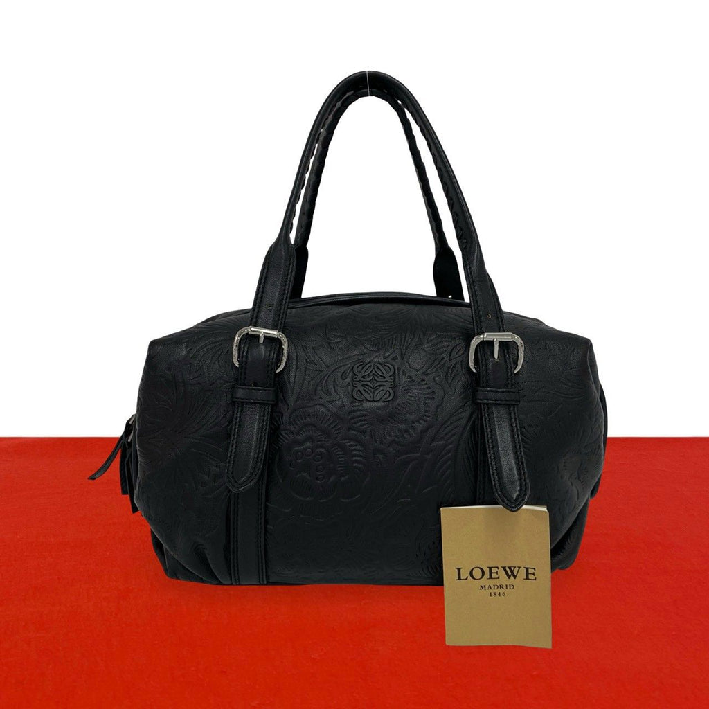 Loewe Canela Anagram Logo Floral Pattern Embossed Leather Mini Boston Bag Black
