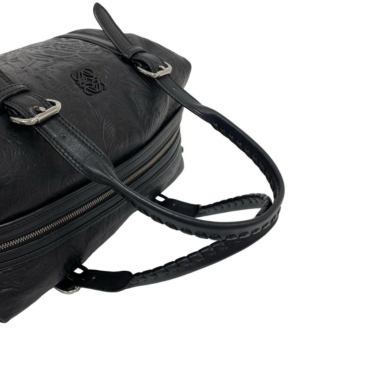 Loewe Canela Anagram Logo Floral Pattern Embossed Leather Mini Boston Bag Black — view 4