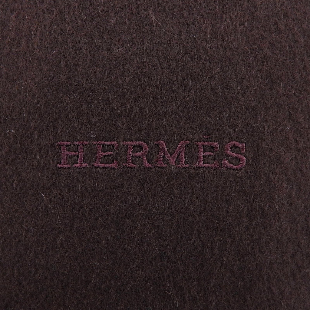 Hermes Cashmere 100% Logo Embroidery Large Shawl Scarf with Fringe Brown — view 5