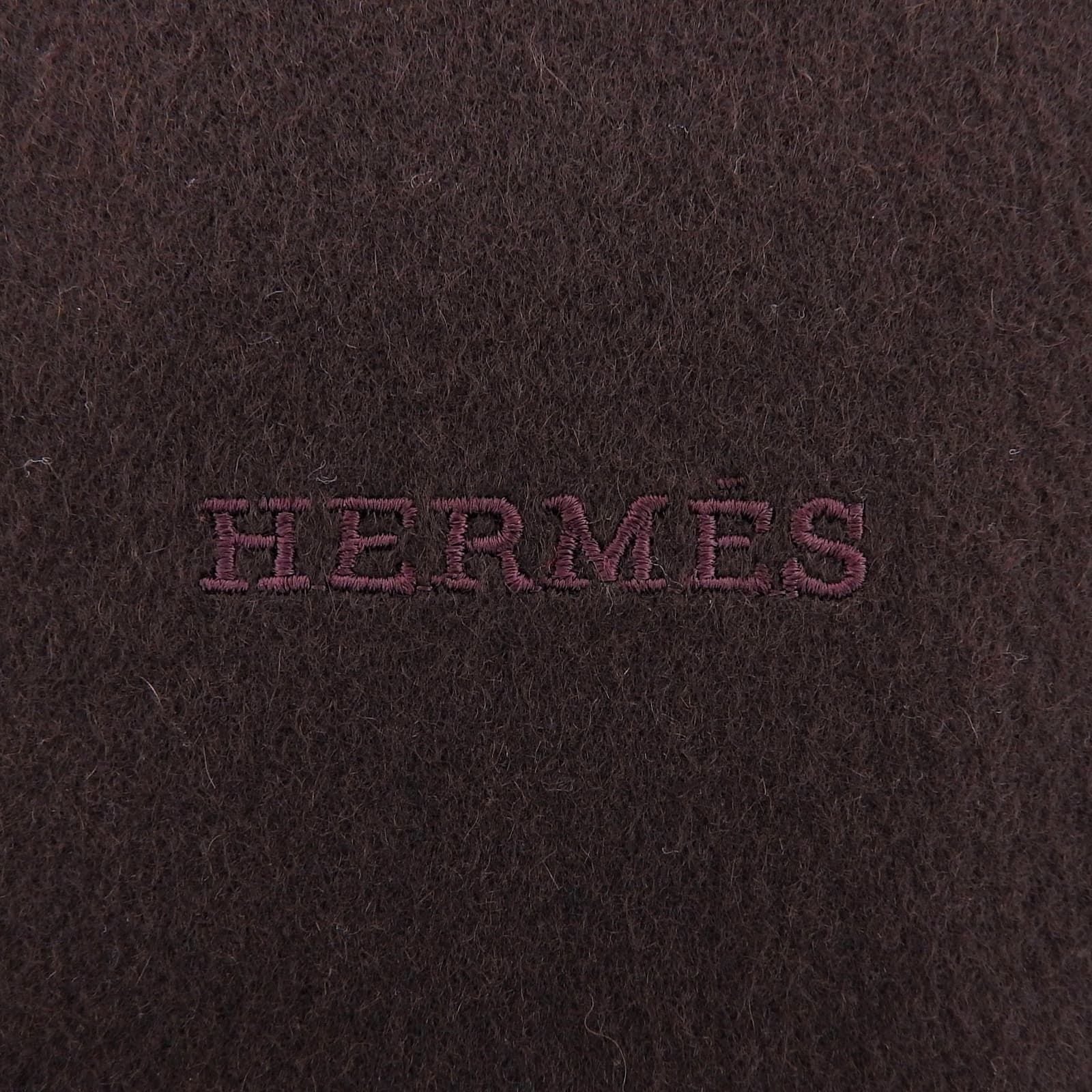 Hermes Cashmere 100% Logo Embroidery Large Shawl Scarf with Fringe Brown — view 5