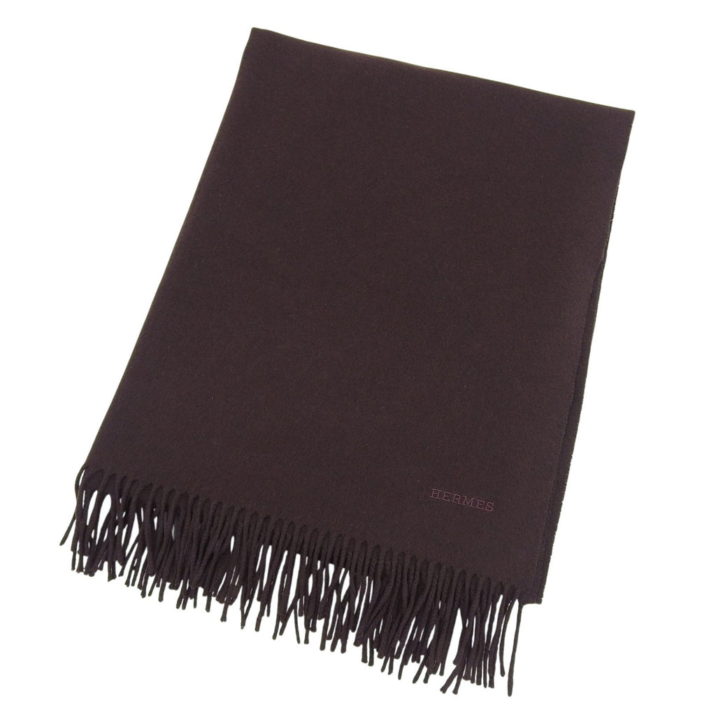Hermes Cashmere 100% Logo Embroidery Large Shawl Scarf with Fringe Brown