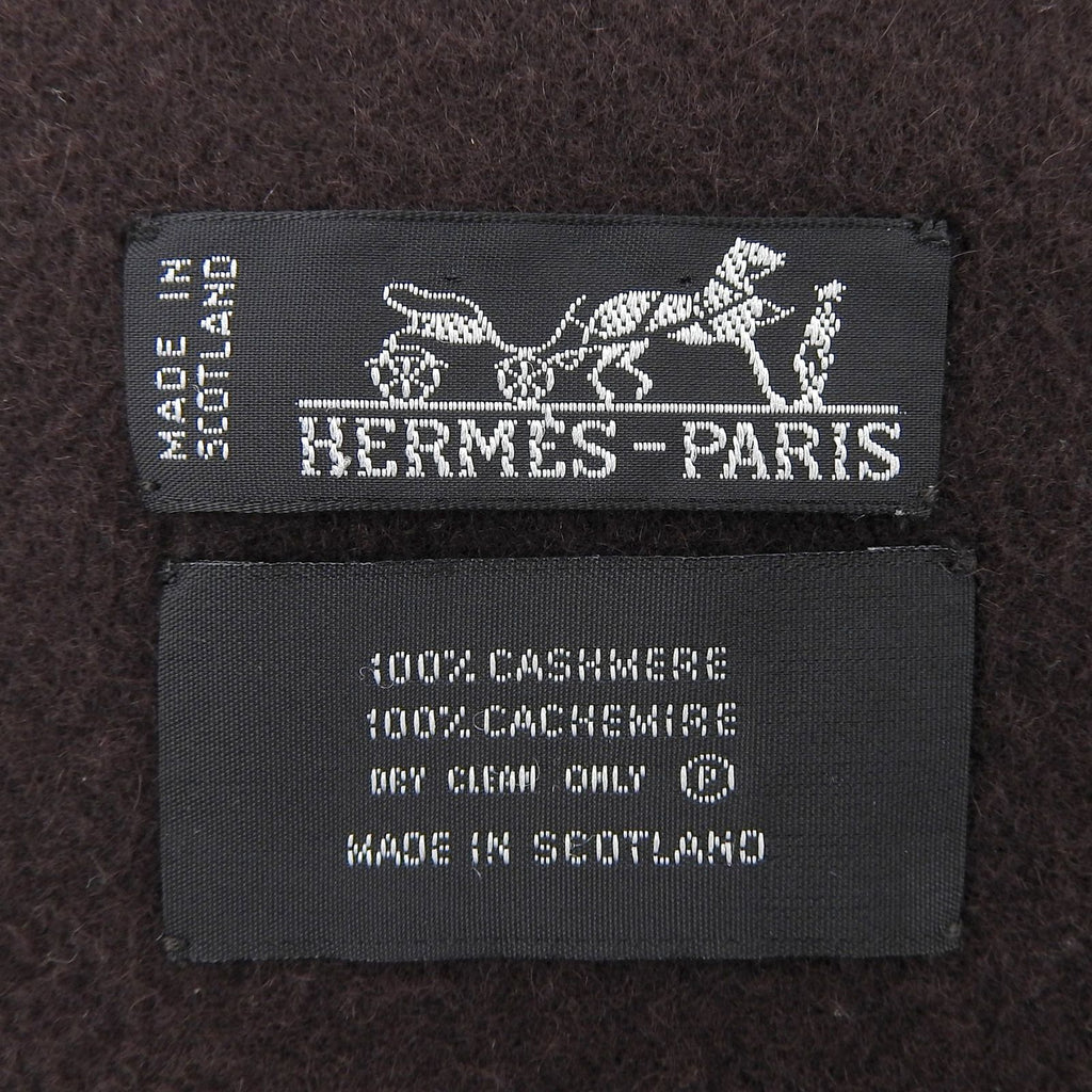 Hermes Cashmere 100% Logo Embroidery Large Shawl Scarf with Fringe Brown — view 8