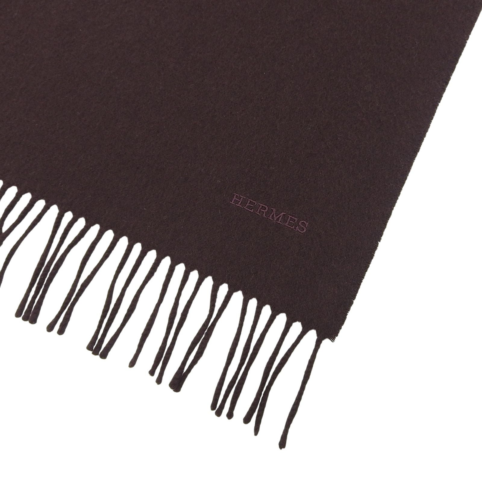 Hermes Cashmere 100% Logo Embroidery Large Shawl Scarf with Fringe Brown — view 6