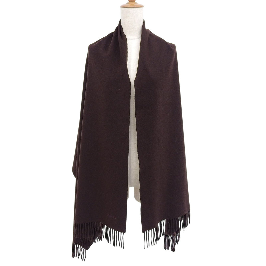 Hermes Cashmere 100% Logo Embroidery Large Shawl Scarf with Fringe Brown — view 2
