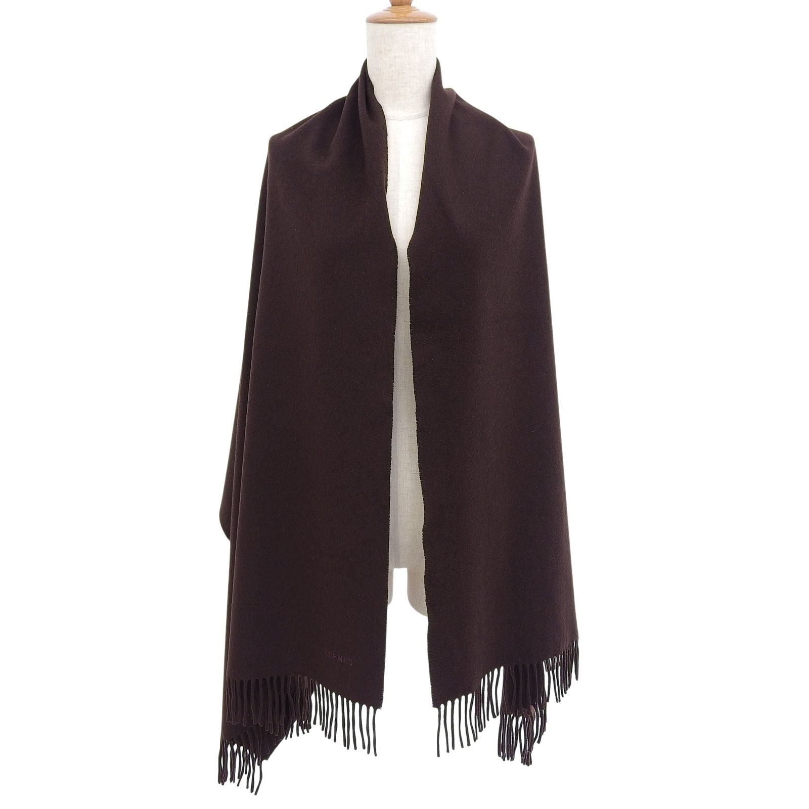 Hermes Cashmere 100% Logo Embroidery Large Shawl Scarf with Fringe Brown — view 2