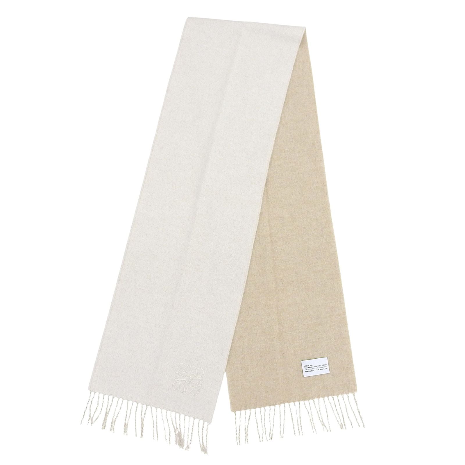 Loewe Wool Cashmere Anagram Logo Embroidery Reversible Scarf with Fringe Beige — view 3