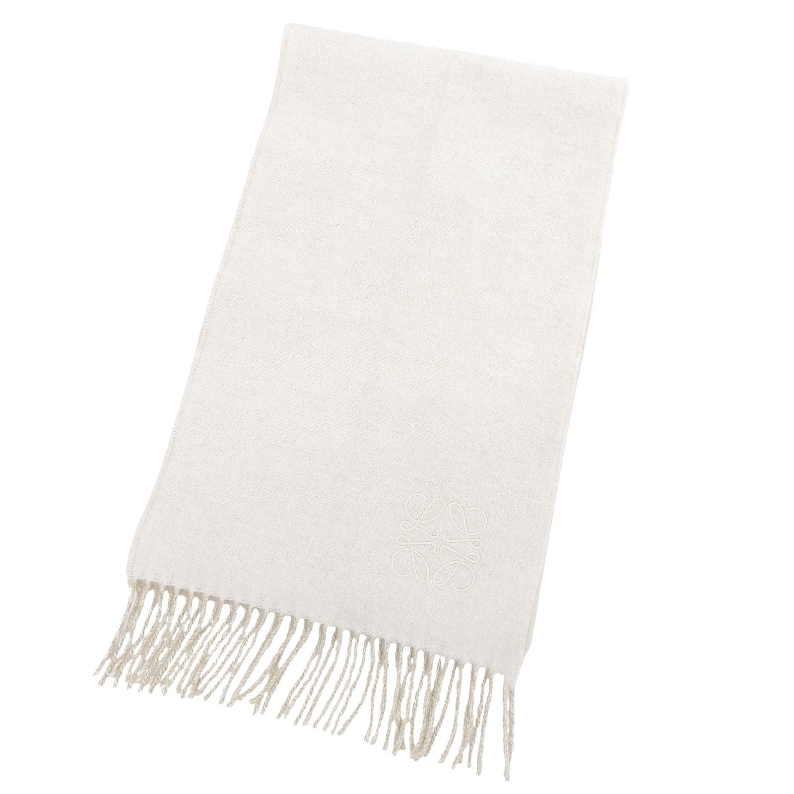 Loewe Wool Cashmere Anagram Logo Embroidery Reversible Scarf with Fringe Beige