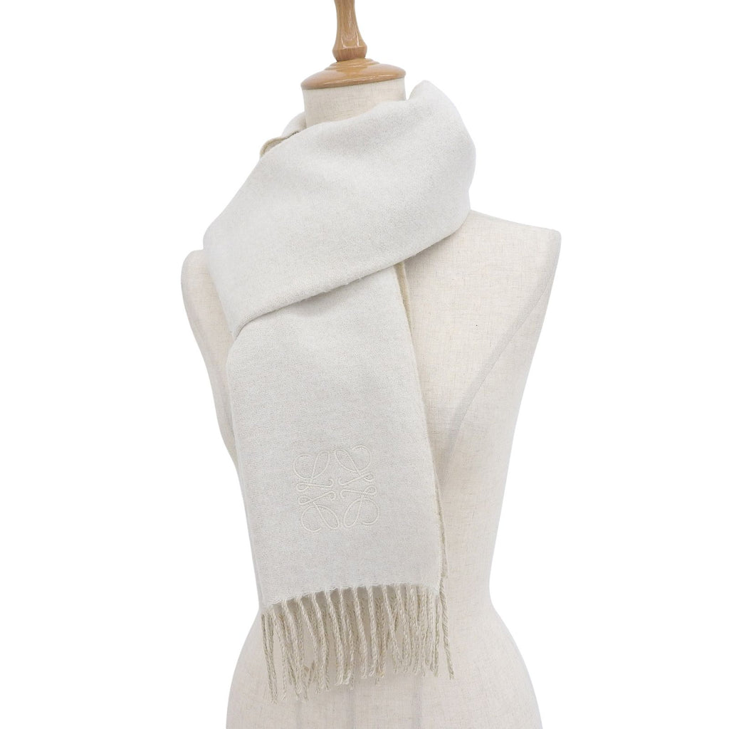 Loewe Wool Cashmere Anagram Logo Embroidery Reversible Scarf with Fringe Beige — view 2