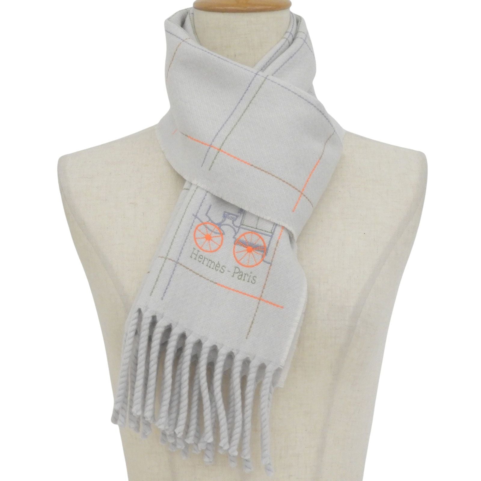 Hermes Clan Brode Roulis Nnu Cashmere 100% Logo Embroidery Scarf with Fringe — view 2
