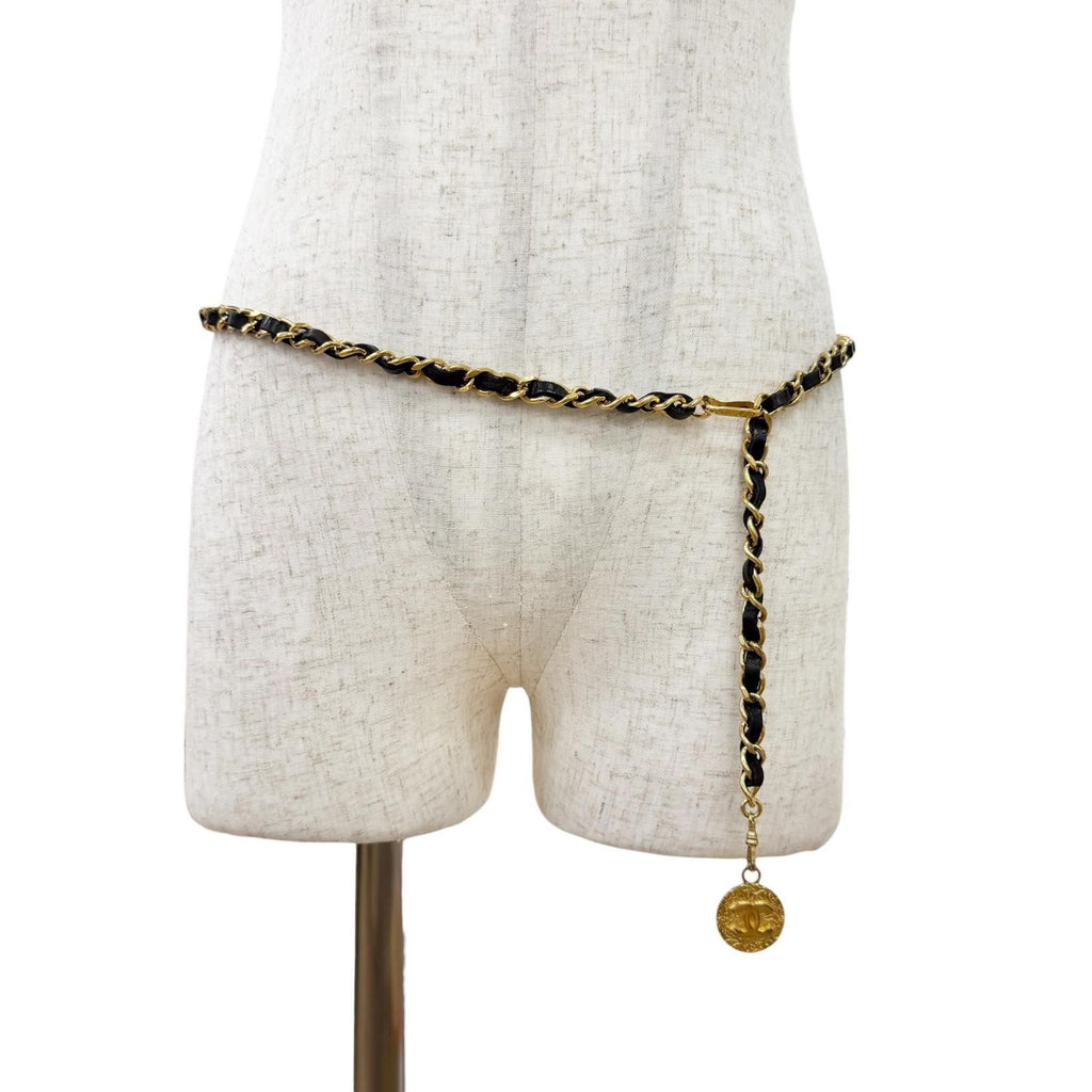 Chanel Vintage CC Logo Medal Motif Leather Chain Belt Gold Black — view 3