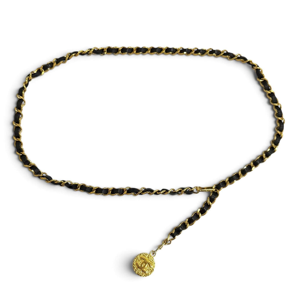 Chanel Vintage CC Logo Medal Motif Leather Chain Belt Gold Black — view 4
