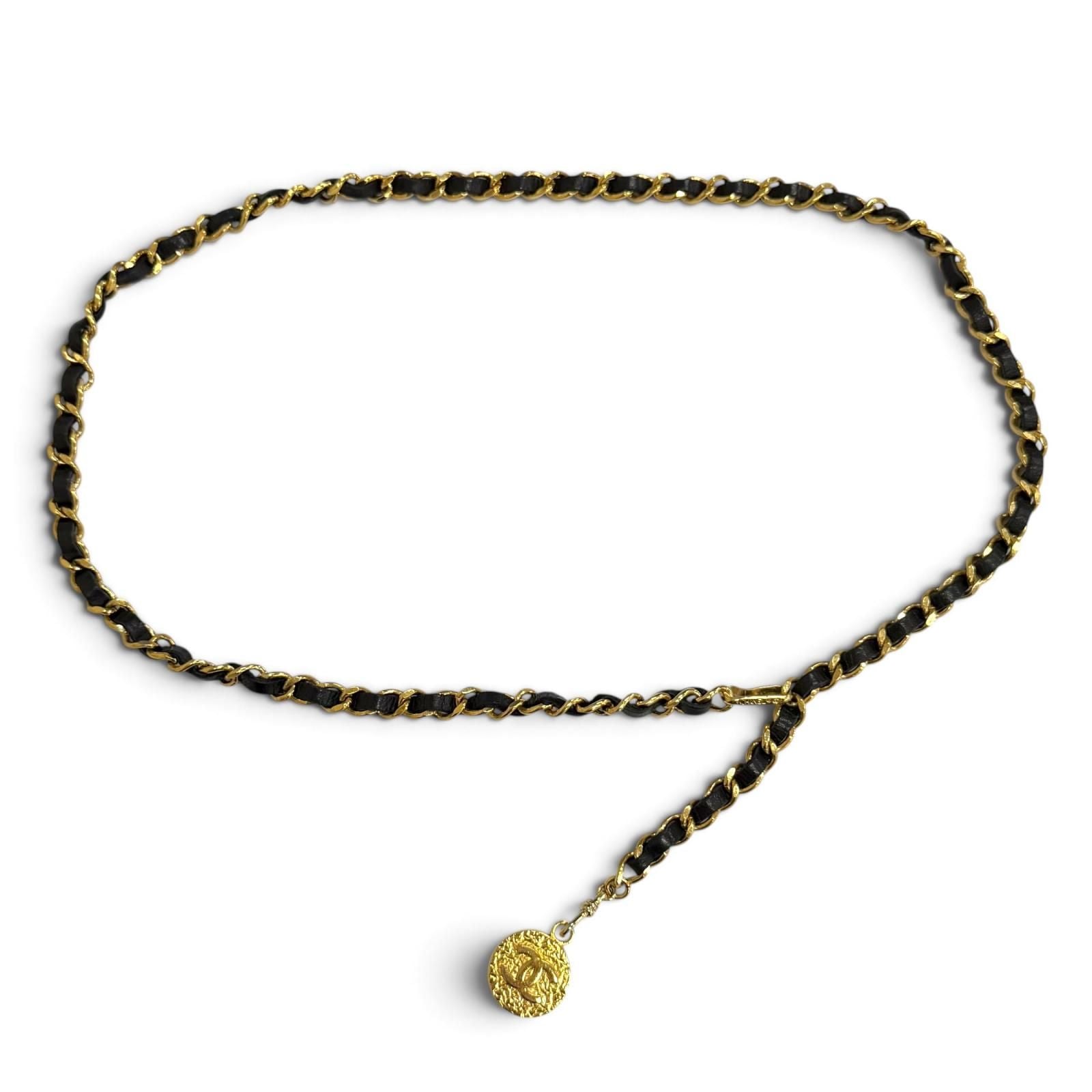 Chanel Vintage CC Logo Medal Motif Leather Chain Belt Gold Black — view 4