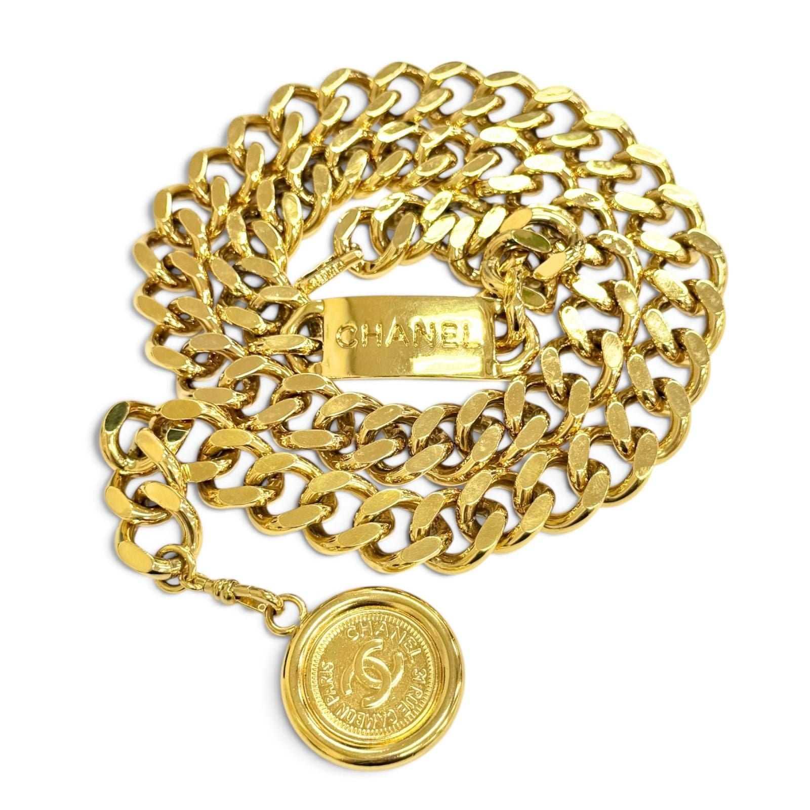 Chanel Vintage CC Logo Coin Motif Plate Chain Belt Gold