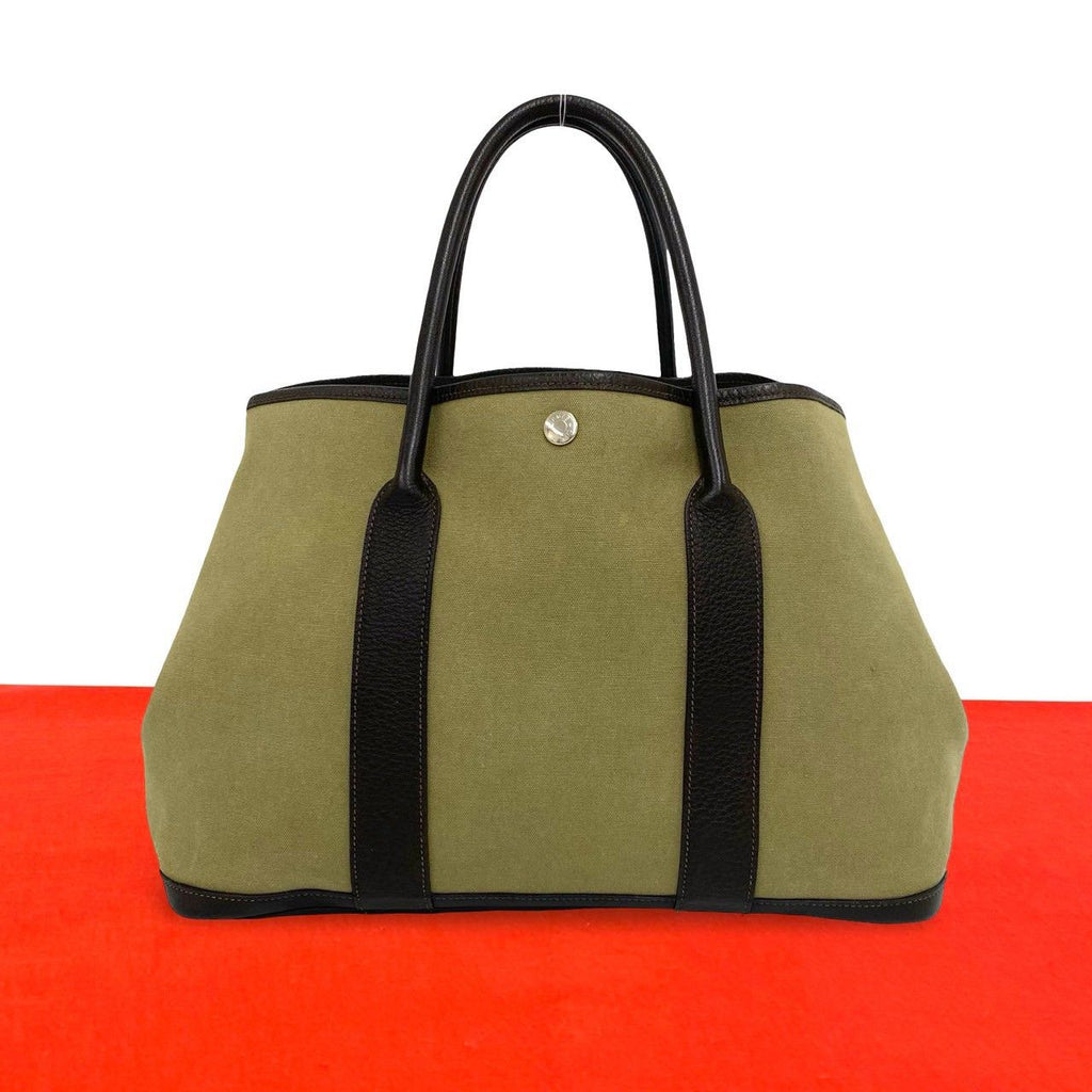 Hermes Garden Party PM Toile Officier Buffalo Tote Bag Khaki Nicotine