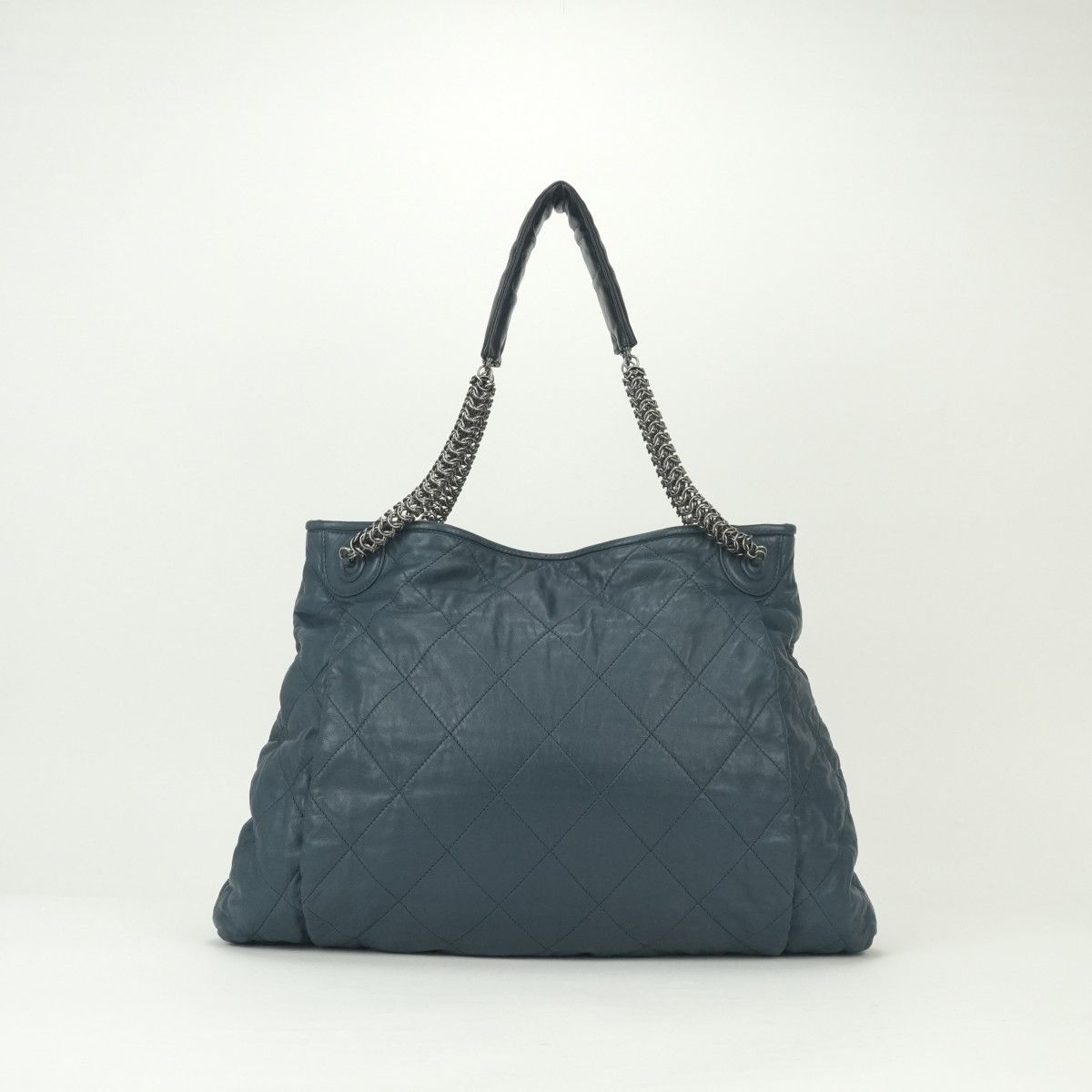 Chanel Quilted Tote Lambskin Navy Blue Gunmetallic CC Logo Chain Shoulder Bag — view 3