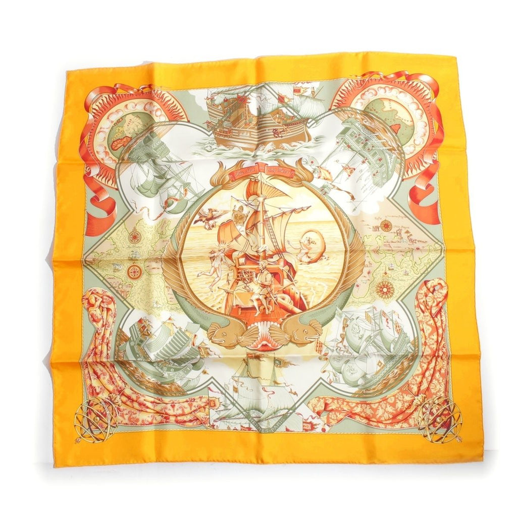 Hermes Carre 90 Au Dela Des Cinq Mers the Seas Silk Scarf Yellow