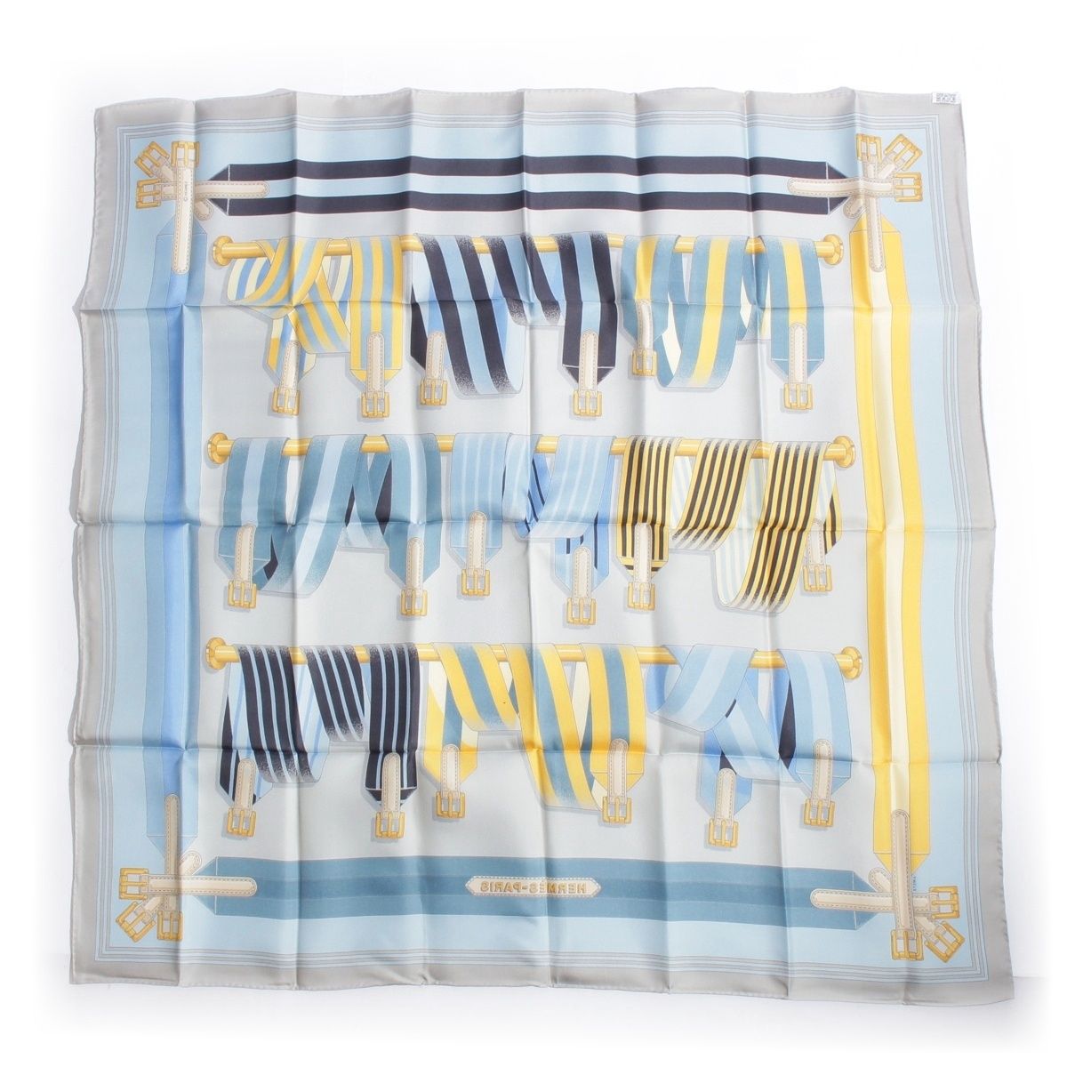 Hermes Carre 90 Metz les Sangles Silk Shawl Suspender Belt Scarf Blue — view 2