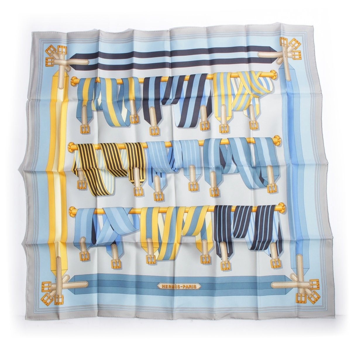 Hermes Carre 90 Metz les Sangles Silk Shawl Suspender Belt Scarf Blue
