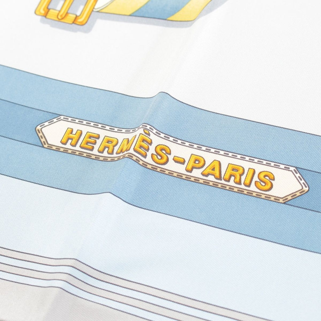 Hermes Carre 90 Metz les Sangles Silk Shawl Suspender Belt Scarf Blue — view 3