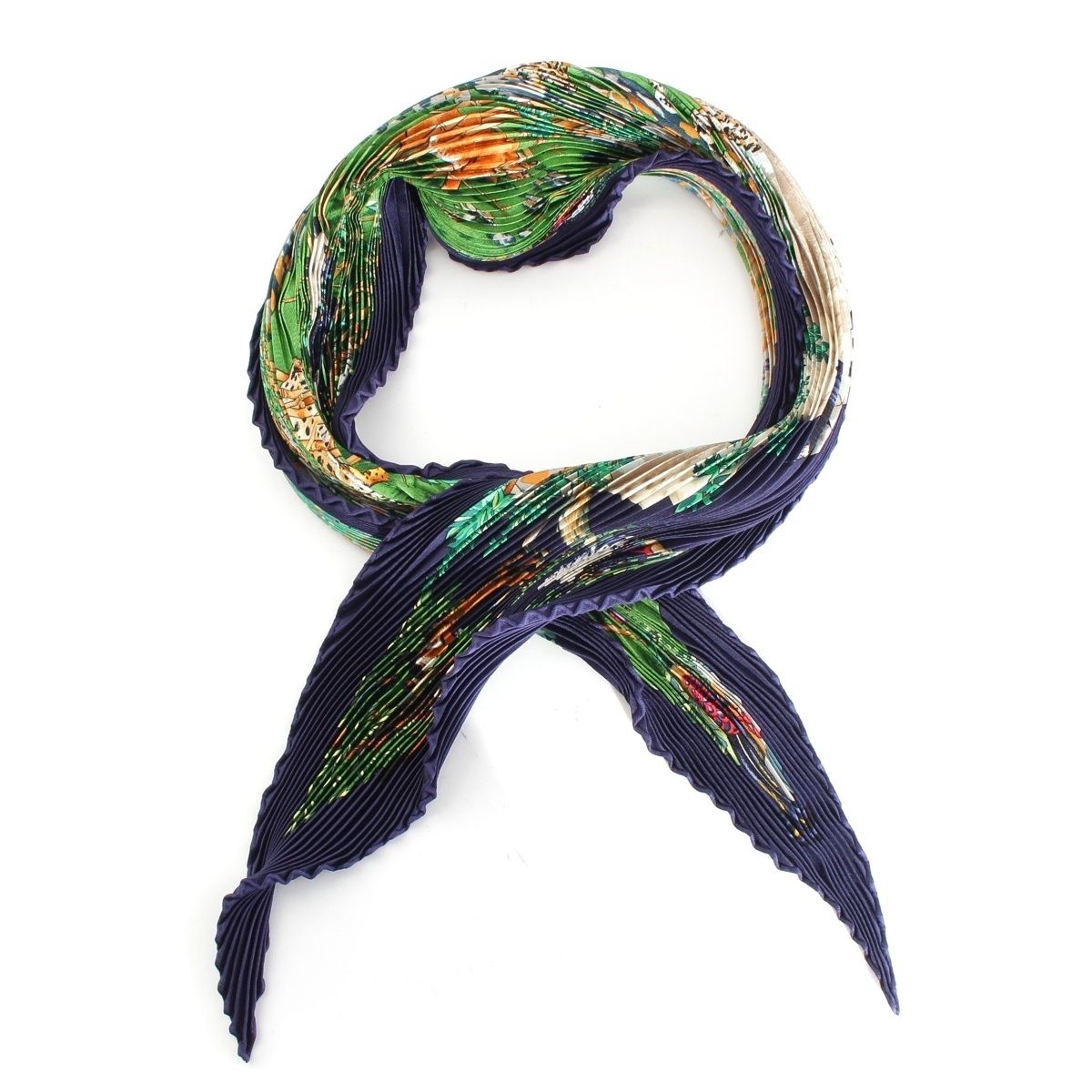 Hermes Pleated Carre Silk Sichuan Animal Scarf Navy Green
