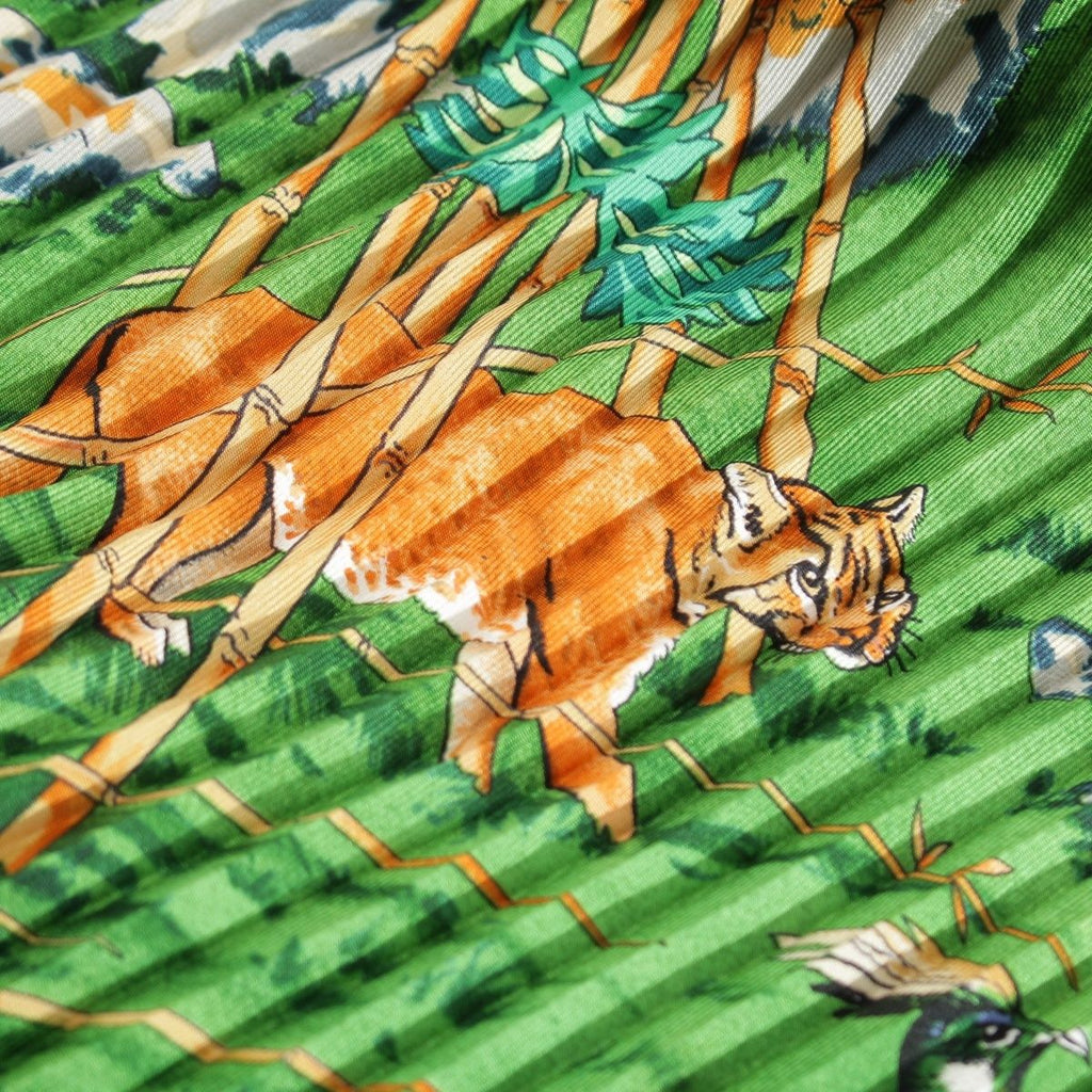 Hermes Pleated Carre Silk Sichuan Animal Scarf Navy Green — view 7