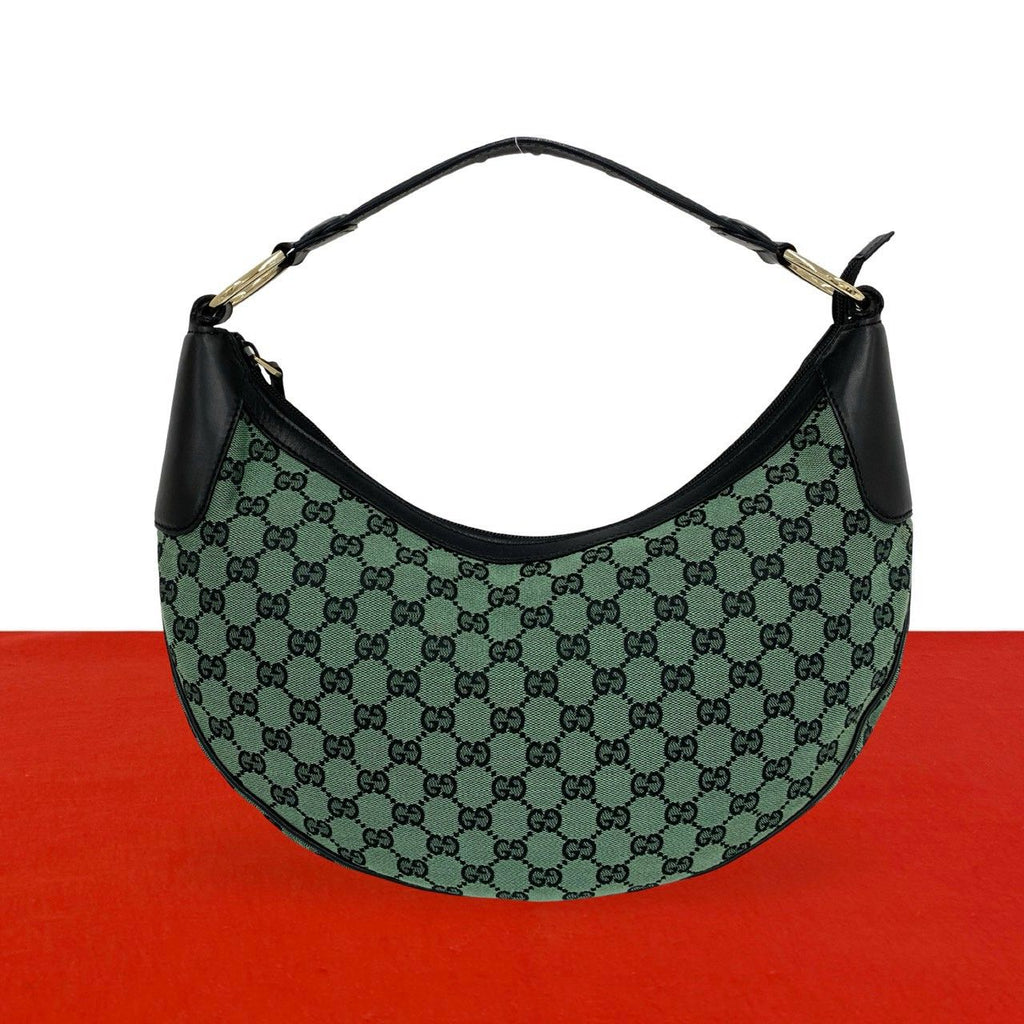 Gucci GG Logo Pattern Canvas Leather Shoulder Bag Green Black