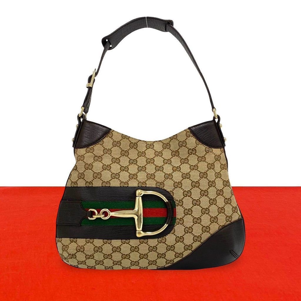 Gucci Sherry Line GG Pattern Logo Horsebit Canvas Leather Shoulder Bag Brown