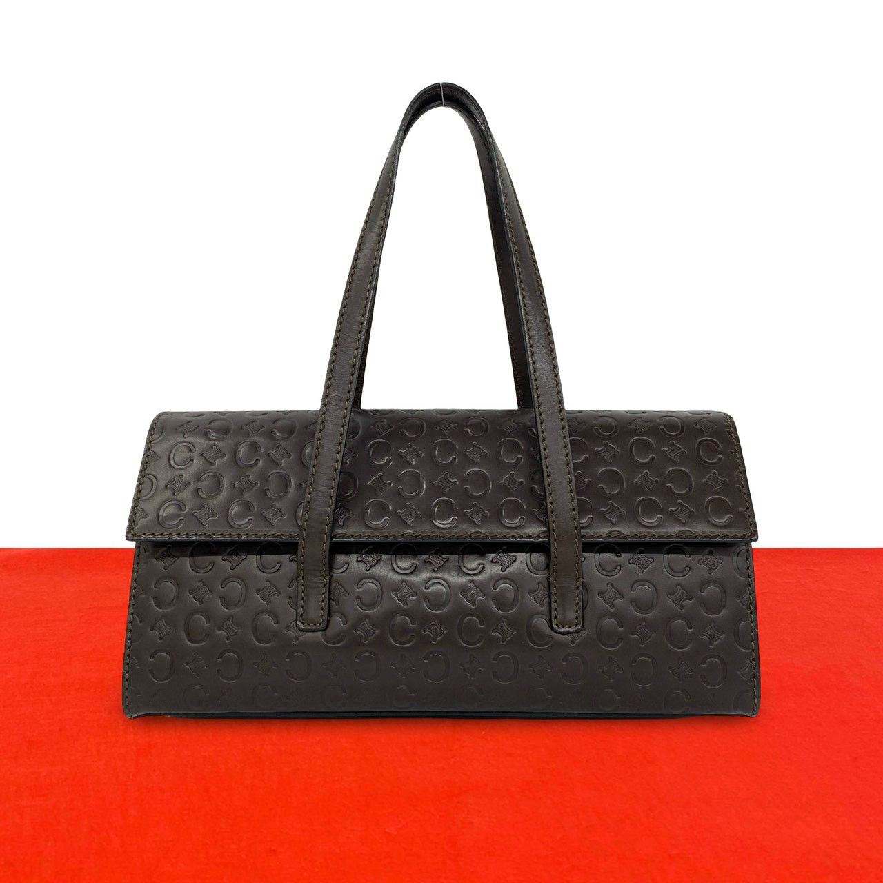 Celine C Macadam Triomphe Logo Pattern Embossed Leather Mini Boston Bag Brown